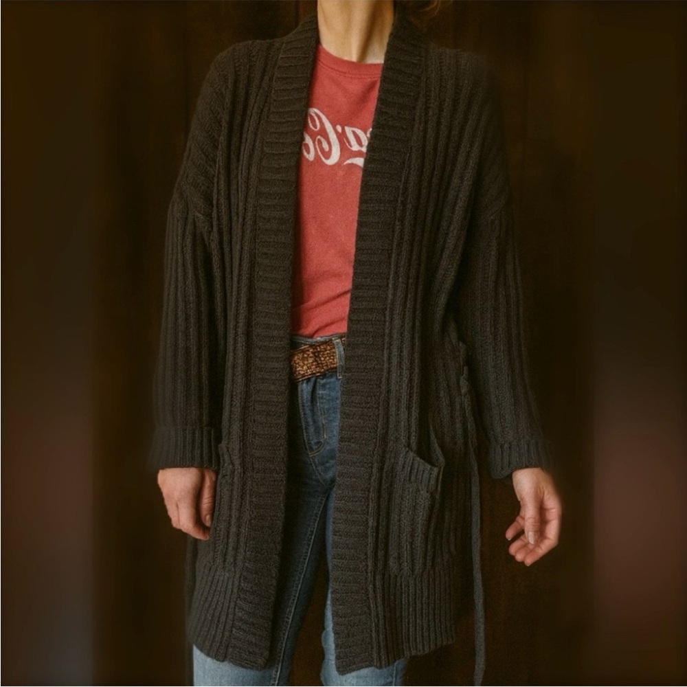 Express Gray Cotton Blend Knit Belted Duster Cardigan Size Large